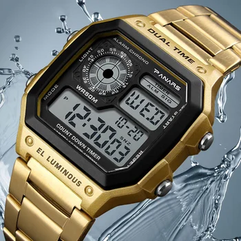 PANARS Homens de Negócios Relógios LED Eletrônicos Relógios de pulso Digital 50M à prova d'água Esportes Relógios AE-1200WHD de Luxo Aço Inoxidável