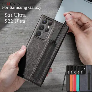 Para Samsung S22 Ultra 5G Stylus S-Pen Socket Slot Caso de Telefone Para Galaxy S21 Ultra SMS908B de Couro do Telefone de Tampa com Bolso Titular