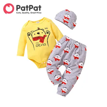 PatPat 3pcs Bebê Urso Gráfico Longo-luva de Romper e por Todo o lado de Impressão Calças com Chapéu Conjunto