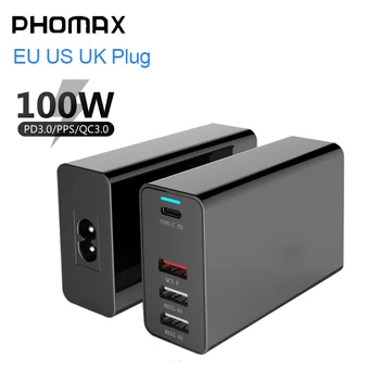 PHOMAX 4 Portas 100w Gan Carregador USB C Rápido de Parede, Carregador de Viagem 100W UE/EUA/reino UNIDO, Ligue Para o Portátil Smartphone, IPad, Notebook Carga