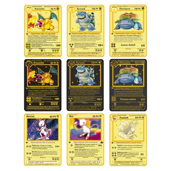 Pokemon Cartões de memória Flash Original 1996years francês Cartão de Metal Charizard Blastoise Venusaur Mewtwo Mew Passatempo Coleção de jogos de Cartas