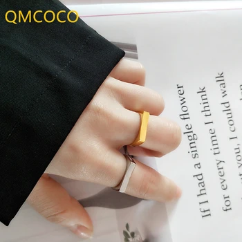 QMCOCO coreano Cor de Prata Aberto Anel Ajustável INS Minimalista e Geométrica Quadrada Lisa Face do Anel Punk Moda Jóias-Acessórios