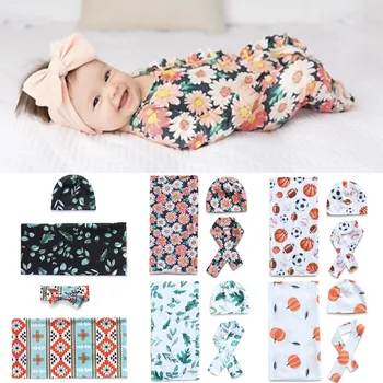 Recém-Nascido Swaddle Enrole A Faixa Do Chapéu Conjunto De Bebê De Algodão Receber Cobertor De Bebê Meninas Floral Cobertor Faixa De Cabelo De Dormir Envoltório Duche Gif