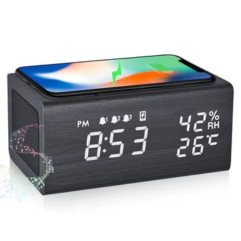 Relógio Despertador Digital Orador de Bluetooth com Carregamento sem Fio de Temperatura e Umidade Função
