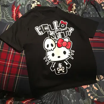 Sanrio Hello Kitty Halloween Preto 100% Algodão Manga Curta T-Shirt Homens e Mulheres Solta Superior Roupas Casuais