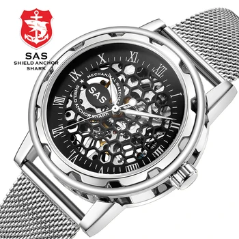 SAS Marca de Luxo de Moda masculina de Favo de mel Esqueleto Oco Relógios Mecânicos de Malha de Aço Inoxidável, Bracelete de Negócios Assistir Vestido