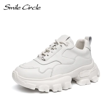 Sorriso Círculo de Mulheres Robusto Tênis de Couro Branco Lace-ups Sapatos de Plataforma Mulheres de Baixo-superior Traines