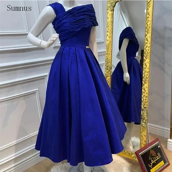 Sumnus Azul Royal Vintage De Baile, Vestidos De Um Ombro Plissado De Chá De Comprimento Vestidos De Vestes De Soirée Vestidos Para Mulheres 2022