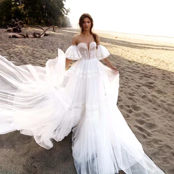 Sumnus Boho Vestido de Noiva de Renda Sweetheart Uma Linha de Tule Casamento de Praia Vestidos sem costas 2022 Verão Vestidos de Noiva Vestidos de Noiva