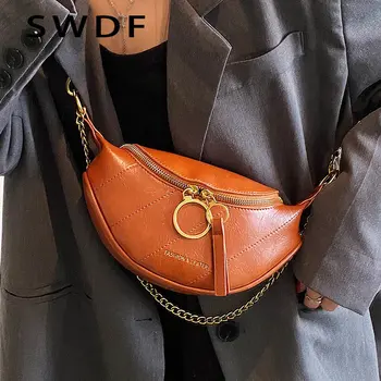 SWDF Marcas Cadeia Cinto Saco para as Mulheres de Couro Crossbody Peito Sacos de Cintura Banana Moda Bolsas de Telefone Bolsas de Senhoras Fanny Pack