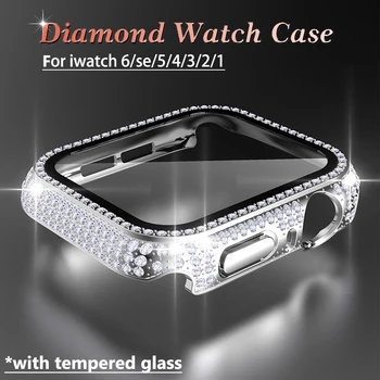 Tampa de vidro para a Apple, caixa de Relógio de 45 41 38 40mm 42mm 44mm Diamante pára-choque+Protetor de Tela para o iWatch Série 8 7 6 SE 5 4 3