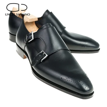 Tio Saviano Duplo Monge Negro Homens de Negócios Sapatos de Designer de Moda de Vestido de Noiva de Couro Genuíno Melhores Sapatos feitos à mão para o Homem