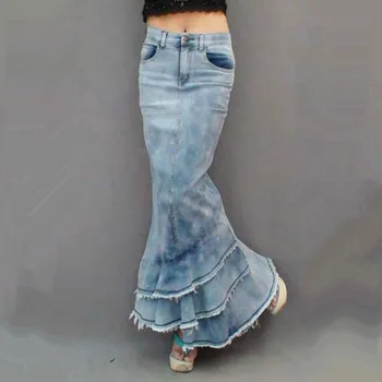 TIYIHAILEY Frete Grátis 2021 Nova Moda Longo Maxi Saia Jeans Para Mulheres Sereia Estilo Rabo de Peixe Cintura Alta Retro Borlas S-XL