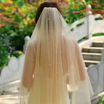 TOPQUEEN V91 Brilhante Véu de Noiva com Pérolas Brilho Cintilante Véu Nude Pearl Véu Macio Líquido inglês Véu de 2 camadas de Véu de Noiva