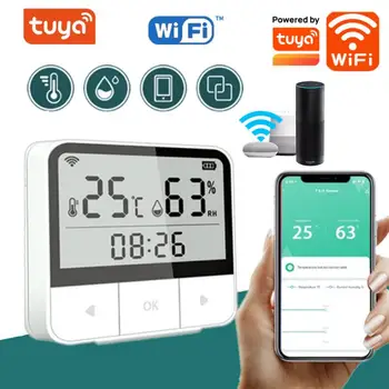 Tuya WIFI, Sensor de Temperatura E Umidade Apoio Alexa Google Assistente Inteligente Interior do Higrómetro do Termômetro Com Display LCD