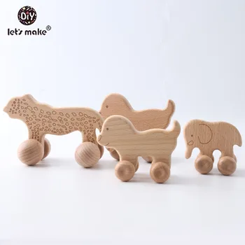 Vamos Fazer Bebê Teether Miçangas de Madeira Espaços em branco 1pc Cartoon Carro Chocalho Cão de Animal de Anel de PVC Montessori Dentição Chocalho de Madeira