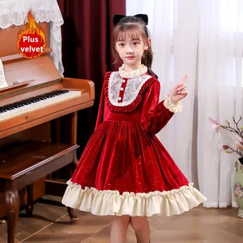 Veludo Vermelho Vestidos da Menina de menina Adolescente roupas de crianças Vestido de inverno, Além de veludo do Vestido da Menina de Vestido de Princesa Meninas a festa de Aniversário de roupa