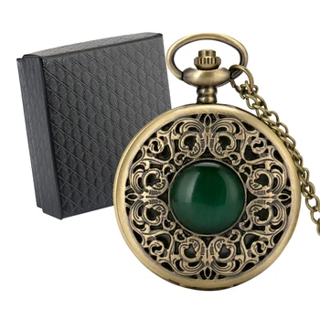 Verde de Esferas Ocas de Bronze Vintage Colar de Quartzo Relógio Homens Mulheres Elegantes Cadeia de Camisola Pingente Antigo Relógio de Bolso com Caixa