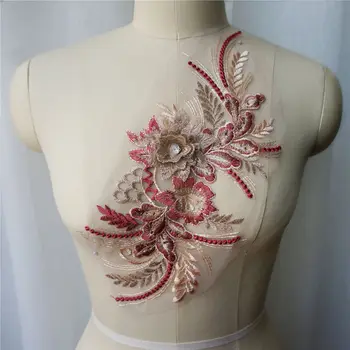 Vermelho Bordado em Renda Tecido 3D Flor de Borla Strass Vestido de Apliques de Guarnições de Gola de Malha Costurar Patch Para a Decoração do Casamento de DIY