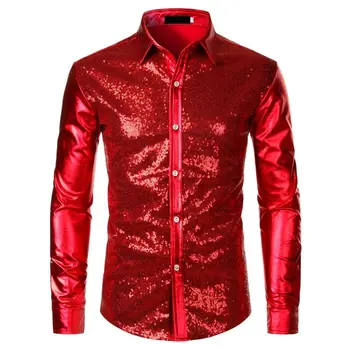 Vermelho Metalizado Lantejoulas Glitter Camisa De Homens 2019 Novo Disco Party Traje De Halloween Camisa Homme Fase O Desempenho Do Camisa Masculina Camisa