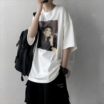 Verão Causal de Mens Camiseta Manga Curta Harajuku Fashion S-Neck T-Shirts de Retalhos Camisa Casais de Anime de Impressão de camisetas T Tops