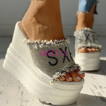 Verão De Pedra De Strass De Cunhas De Calcanhar Mulheres Chinelos De Quarto Plataforma Peep Toe Aumento Da Altura Slides 2020 Sexy Calçados Zapatos De Mulher