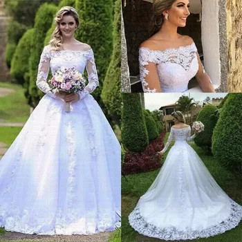 Vestido De Noiva De Princesa Vestido De Noiva 2022 Jardim Off Ombro Sheer Mangas Compridas Frisado Árabe Robe De Mariage Vestido De Noiva