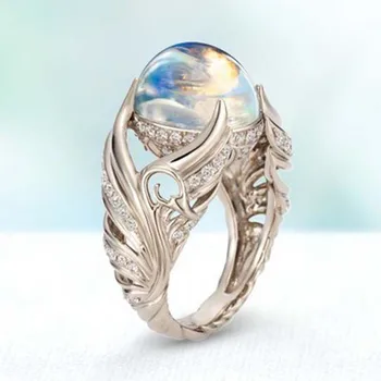 Vintage Asas de Anjo Imitação Moonstone Ring Feminino de Casamento de Luxo Redondo de Cristal do Anel para as Mulheres bijuterias Presente Accessoires