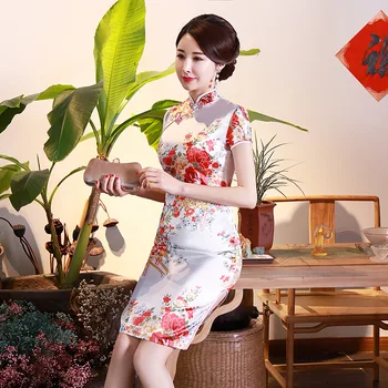Vintage Cheongsam Verão Chinês Tradicional Vestidos De Impressão De Flor De Manga Curta Qipao Colarinho De Mandarim Vestido De Noiva Elegante