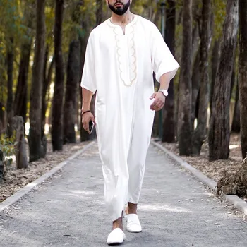 Vintage Solta Muçulmano Caftan Vestes Homens De Manga Longa De Moda Jubba Thobe Branco Padrão De Moda Islâmica Homem Roupa De Alta Qualidade