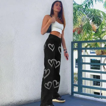vintage streetwear graffiti cintura alta jeans mulheres casual cintura alta jeans, calças Soltas mãe jeans
