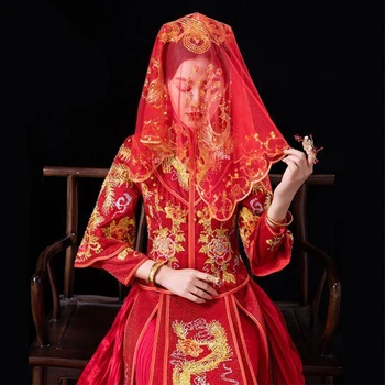 Véu de noiva Acessórios de Vestido de Noiva Chinesa do que cubra a Cabeça de Ouro Vermelho Bling Bling Cachecol