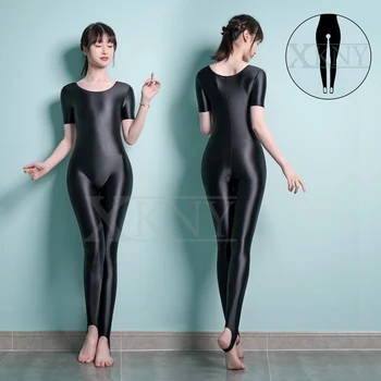 XCKNY óleo de cetim Brilhante de Seda macacão de manga curta abrir virilha completa do corpo de meia-calça lisa sportswear Roupa de yoga zentai