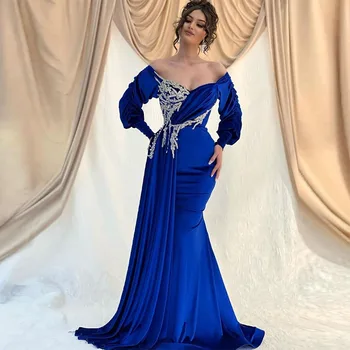 Xijun Azul Royal Dubai Cetim Sereia Vestidos De Noite Apliques Hidro-Repelente Com Mangas Compridas Vestido De Baile Arábia Arabric Vestido Festa Formal