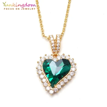 Yunkingdom romântico popular colares e pingentes para as mulheres de coração verde da cz do cristal amarelo cor de ouro cadeia de jóias de moda