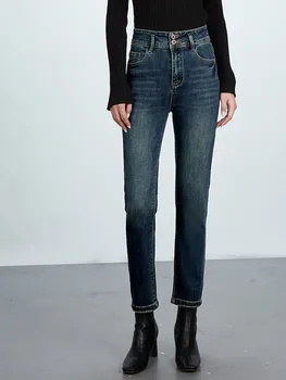 ZHISILAO Novo de Alta Qualidade de Cintura Alta Jeans Reta Mulheres do Vintage Algodão Botão do Tornozelo-comprimento de Calças Jeans Outono 2022