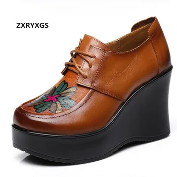 ZXRYXGS Mulheres Sapatos de Plataforma Cunhas de Salto Alto 2022 Best-seller Superior de Couro de Impressão Elegante Moda Sapatos de Couro Sapatos de Mulher