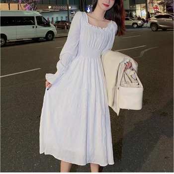 HOUZHOU Branco Elegante Vestido de Mulher Quadrado Gola Manga Longa Vestidos Vintage Outono 2021 de Fadas Manto coreano Trajes de Moda