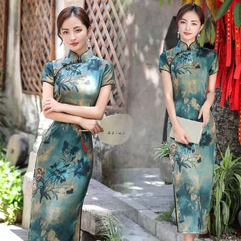 Plus Tamanho 4Xl 5Xl de Cetim de Seda Qipao Longa Manga Curta Cheongsam as Mulheres formam a Impressão de Flor Chinês Vestido Vintage Tang Vestidos